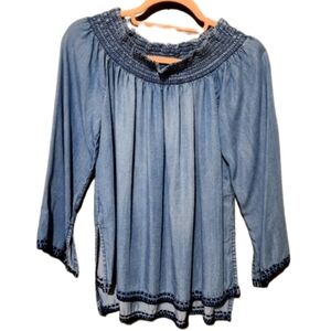 Dex Blue Denim Chambray Top Boho 3/4 Sleeve Smocked Embroidered Womens Medium